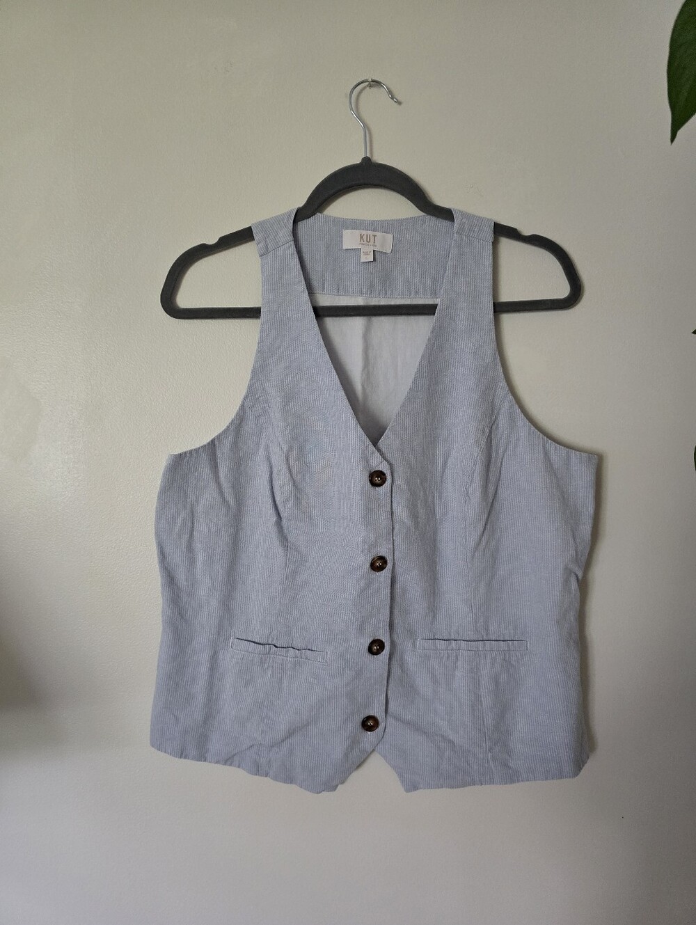 Kut From The Kloth Size Large Womens Vest Blue Pinstripe Soft Cotton Linen